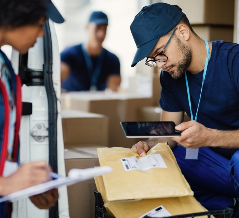Young delivery man using digital tablet for scanning bar code on package label while preparing for shipment with his coworker.
